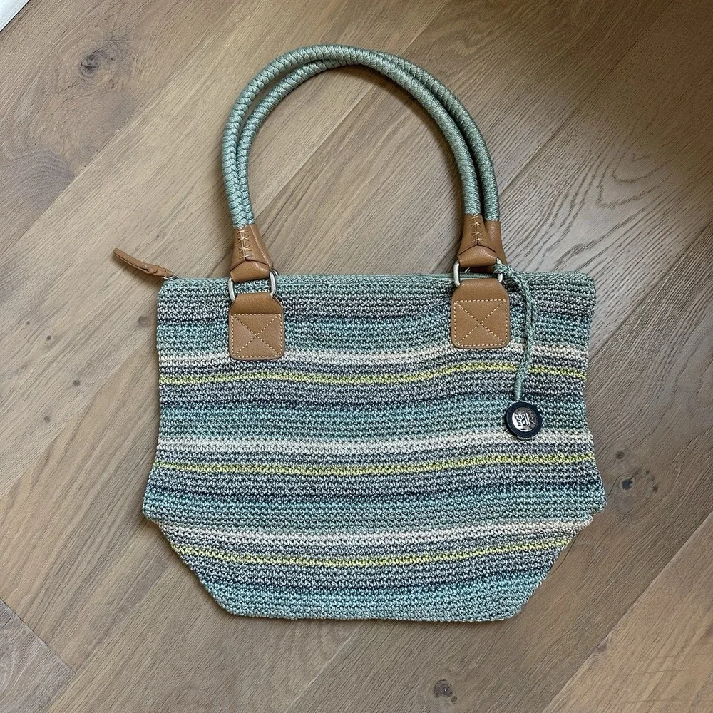 The Sak Cambria Crochet Aqua Stripe Shoulder Bag Purse Double Handle